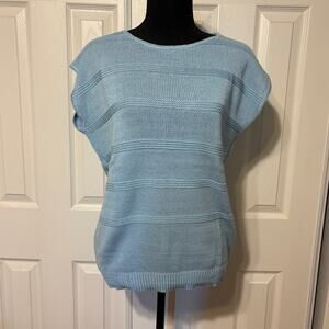 Vintage Knit Open Weave Drop Shoulder Sweater 1980s Light Blue M Striped